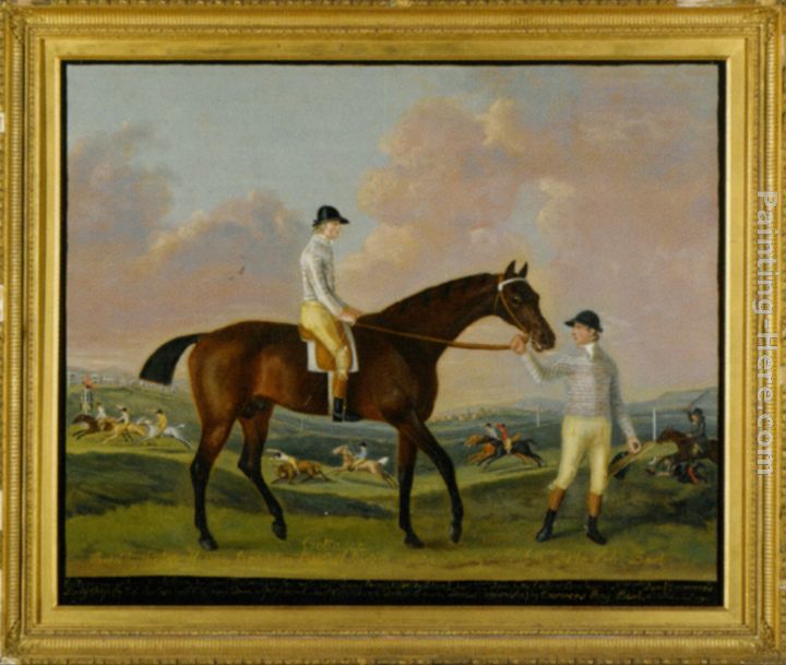 Portrait of Henry Comptons Race Horse Cottager Held by a Groom with Jockey and a Race Beyond painting - Francis Sartorius Portrait of Henry Comptons Race Horse Cottager Held by a Groom with Jockey and a Race Beyond art painting